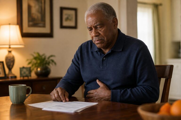 Older Black man sits uneasily at a table with abdominal discomfort from constipation.