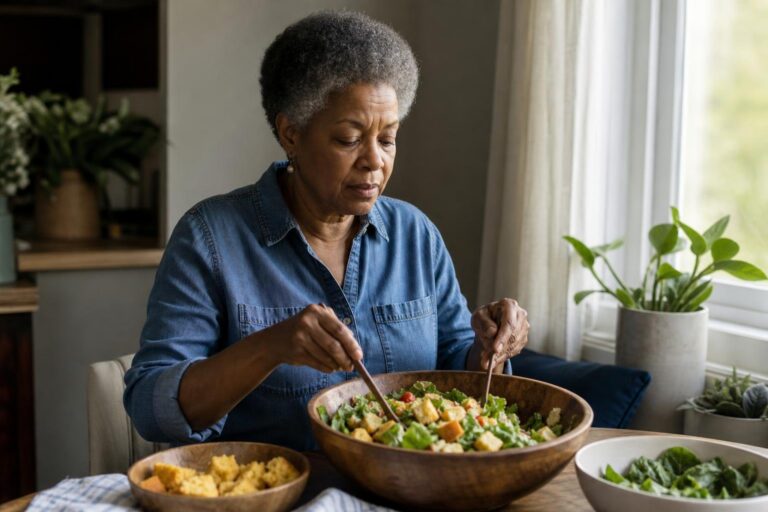 A thoughtful woman prepares a colorful corn bread salad by a kitchen window.