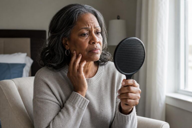 Black woman considers cosmetic procedure safety while seated by a bedroom window.