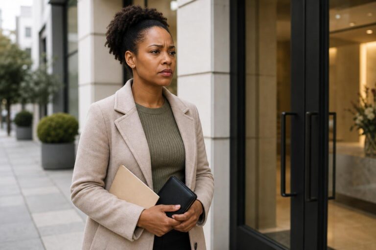 Black woman outside a clinic weighing access to cosmetic procedures with a concerned expression.