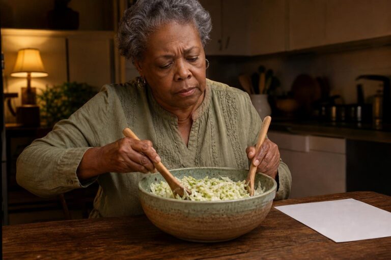 Older woman prepares creamy Savoy coleslaw in a bowl beside a paper at her dining table.