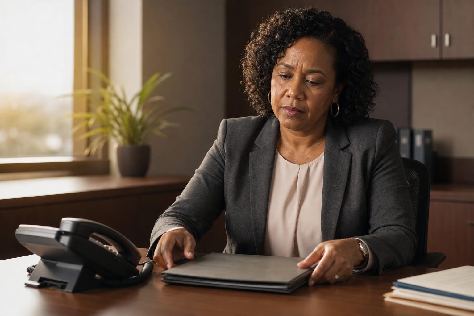 Dr. Crystal Riley at a desk organizing materials for hospital quality and medication safety work.