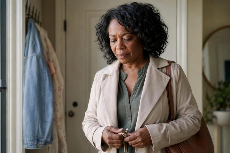 Black woman pauses by an entryway before a date while managing depression.
