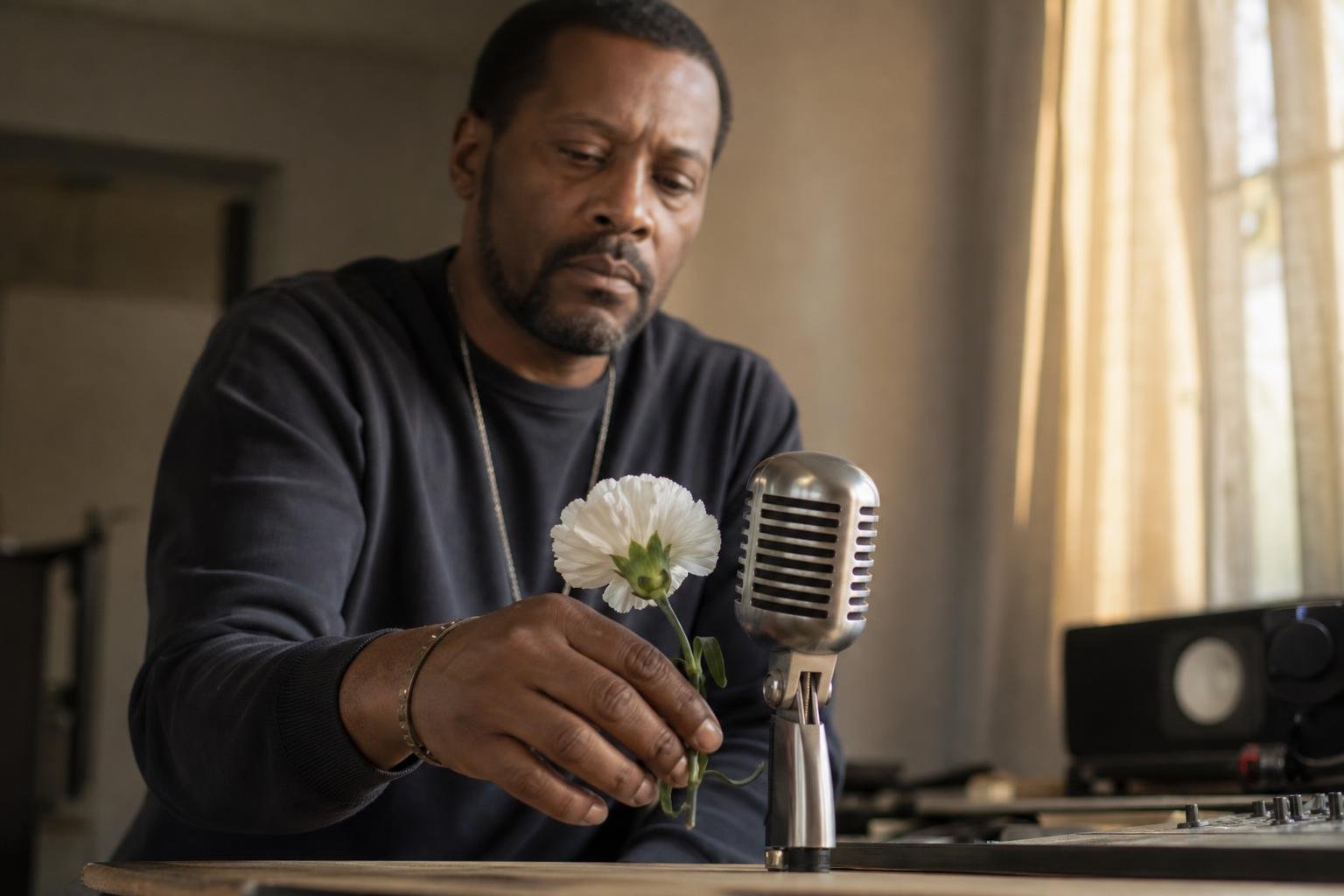 A man places a white flower beside a microphone in tribute after David Peaston dies.