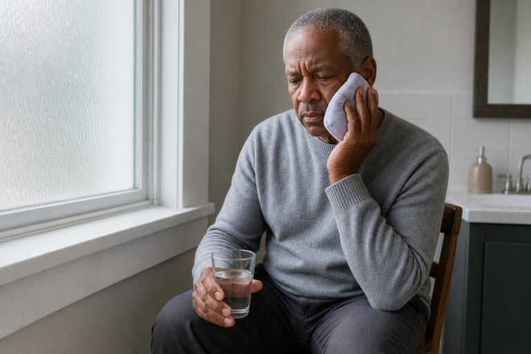Older Black man with a cold compress on his cheek during a dental emergency at home.