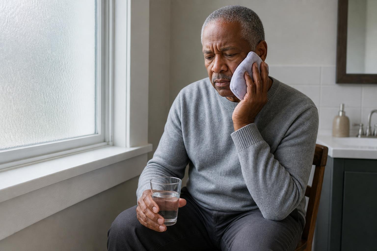 Older Black man with a cold compress on his cheek during a dental emergency at home.