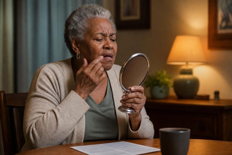 A worried older woman uses a hand mirror while considering what her dentist checks during an exam.