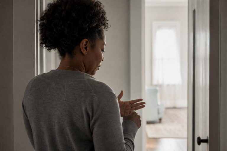 Woman counting on her fingers in a hallway while considering depression medications.