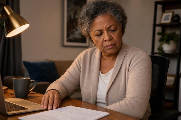 Older Black woman worries about desk job health risks at a work table.