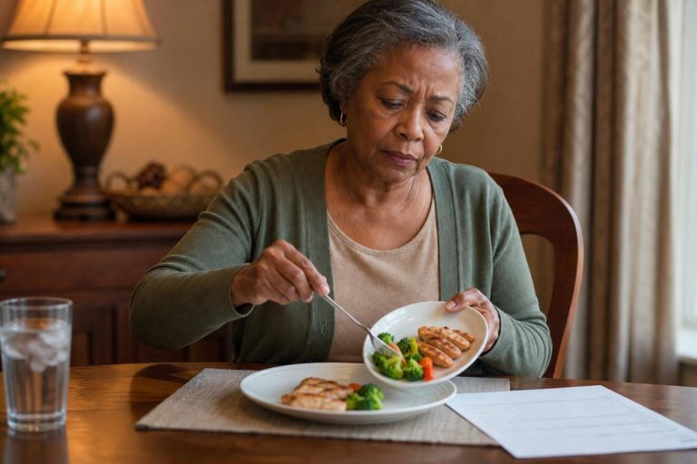 Older Black woman considers a balanced dinner while taking small steps for diabetes control.