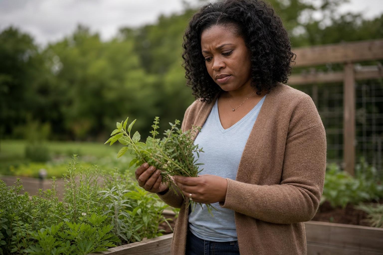 Black woman considers fresh herbs for diabetes care in a community garden.