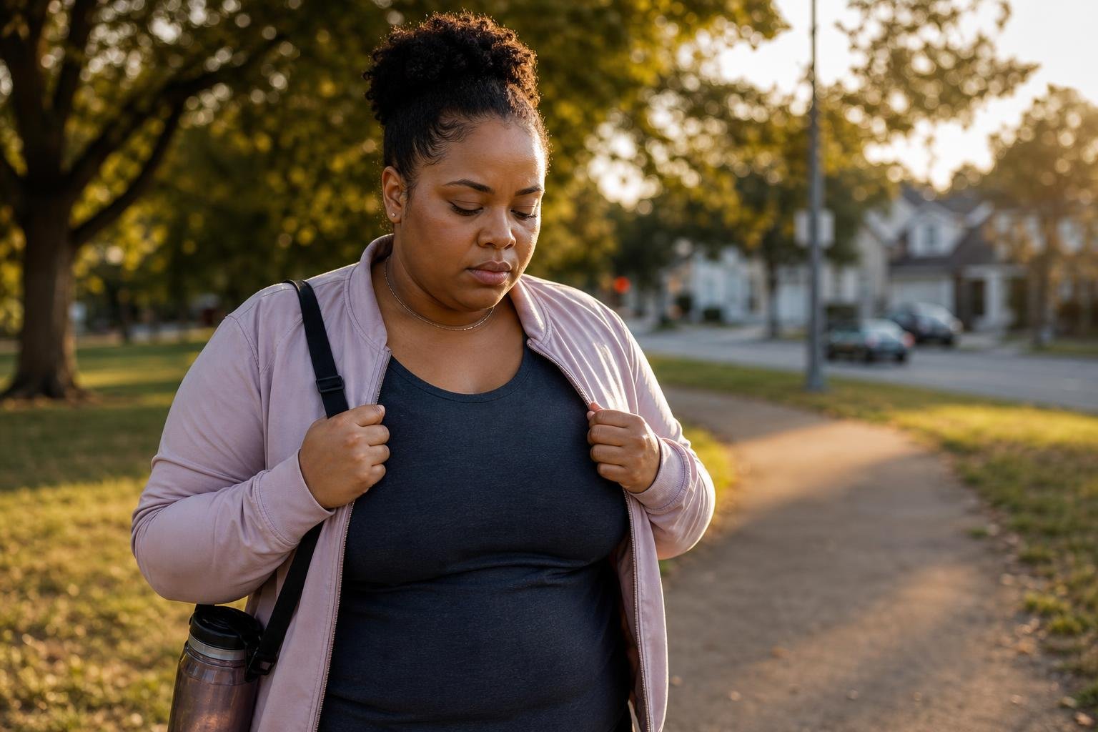 Black woman pauses on a neighborhood walk while reflecting on diabetes and obesity risk.