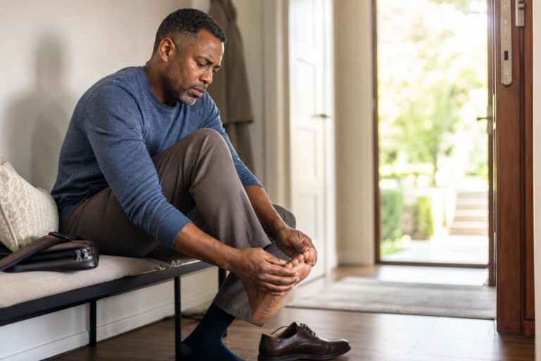 A Black man checks his bare foot at home as part of diabetic feet care.