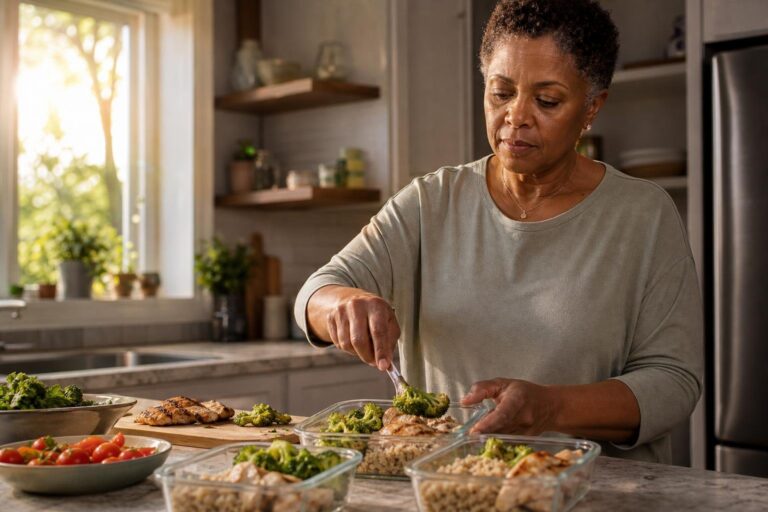 Black woman portions a balanced meal at home to start a diet with intention.
