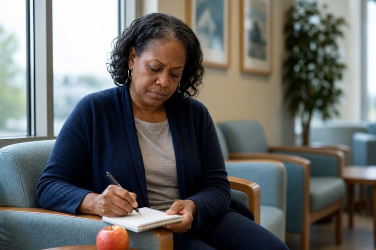 A Black woman keeps a food journal beside an apple while staying focused on her diet.
