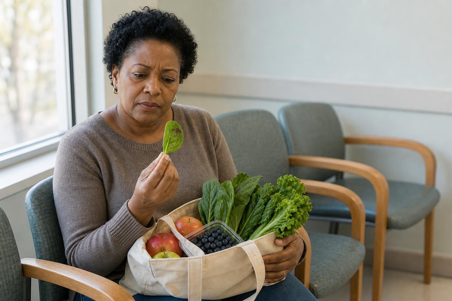 Woman in a clinic waiting room examines leafy greens and berries, common dirtiest foods.