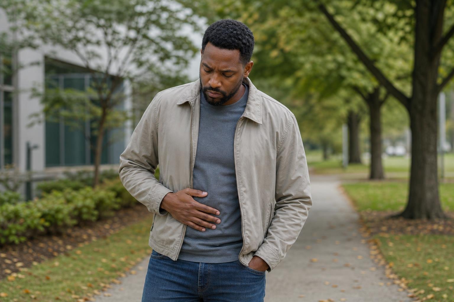 Black man with lower abdominal discomfort outdoors, reflecting on diverticulitis.