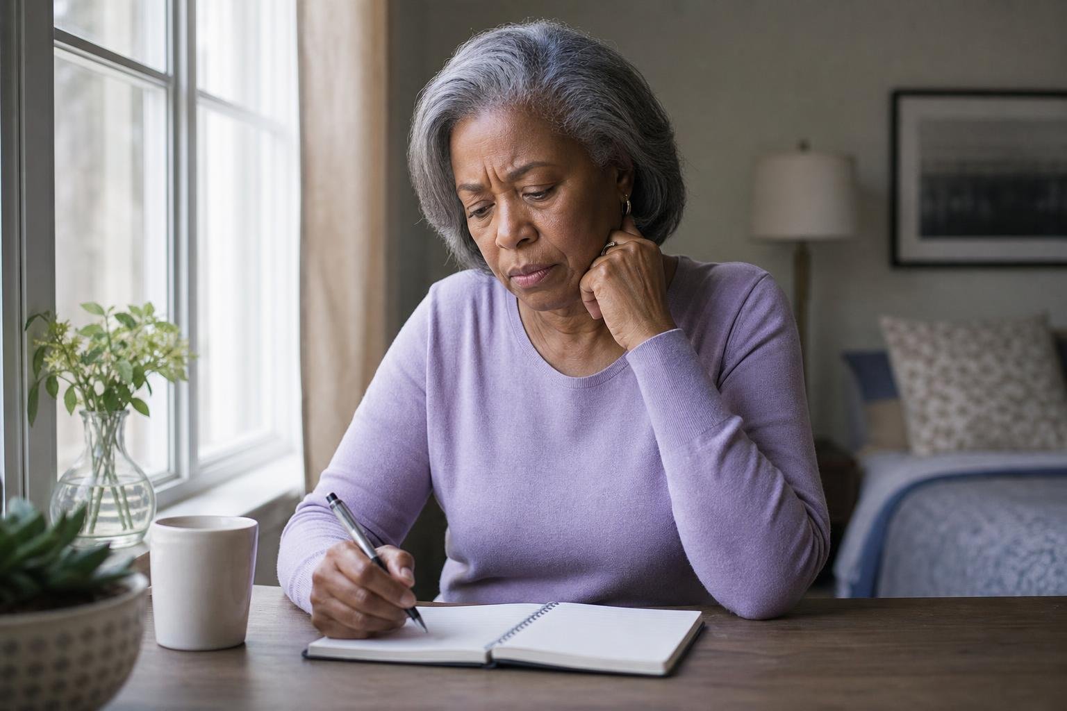 Older Black woman prepares doctor questions at a home desk beside a window.