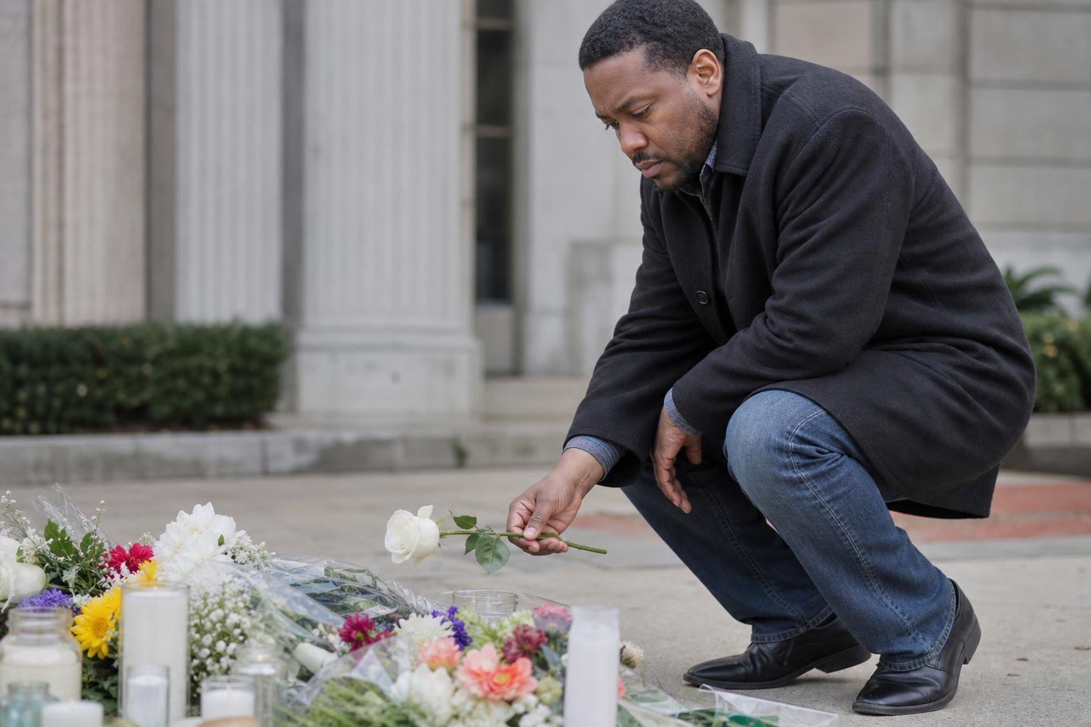 Black man places a flower at a memorial after Don Cornelius’ death was ruled suicide.