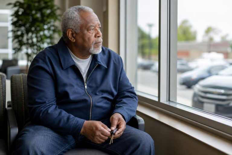 Older man holding car keys in a clinic waiting area for driver safety checkups.