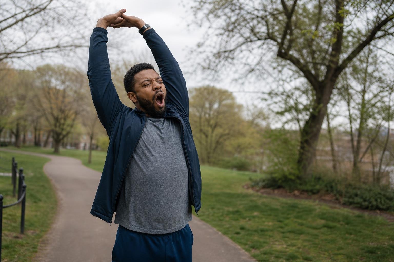 Black man yawning and stretching on a park path while practicing easy health tricks.