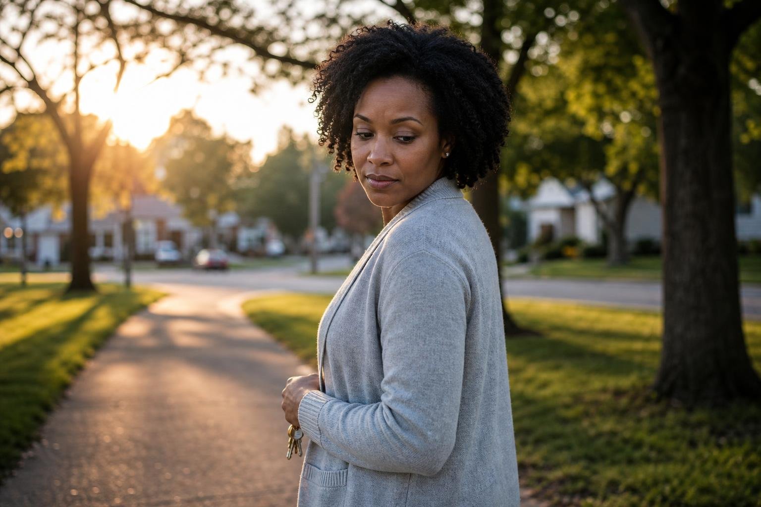 Young Black mother reflects during a walk while overcoming empty nest syndrome.
