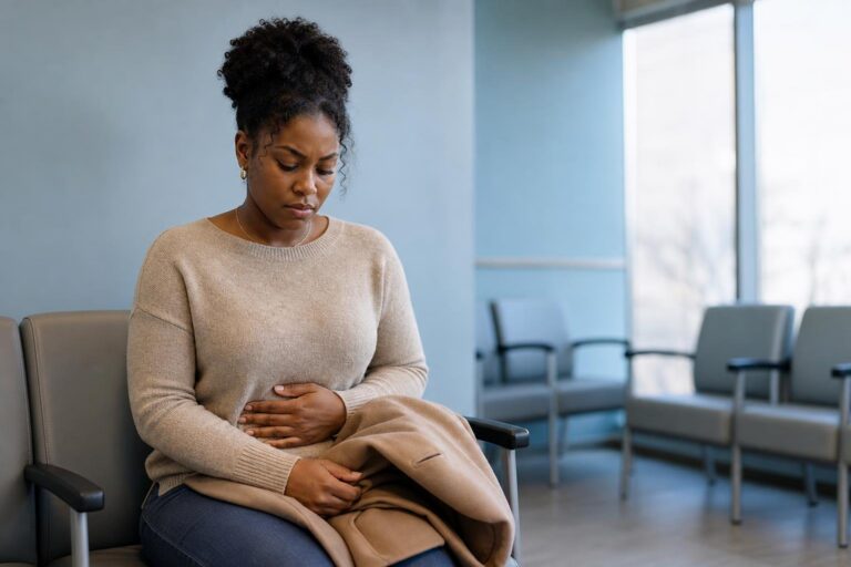 Black woman in a clinic waiting area holding her lower abdomen during an endometriosis visit.
