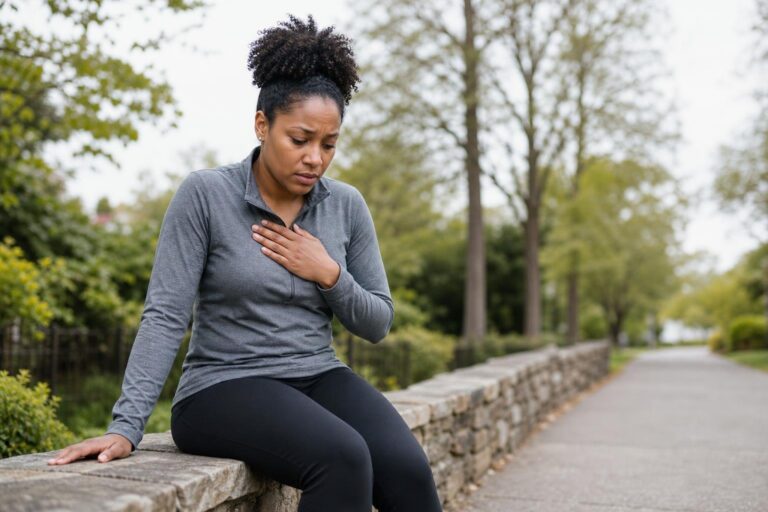 Black woman pausing on a walking path during an epilepsy aura.
