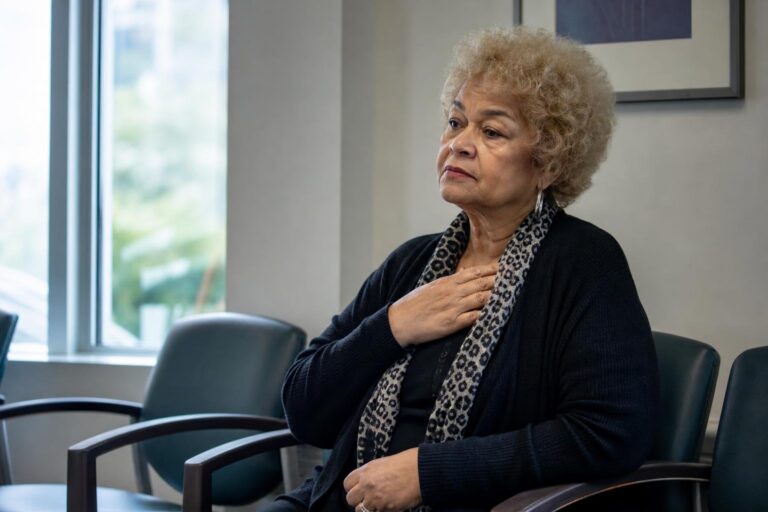 Etta James rests quietly in a clinic waiting area while recovering from breathing difficulties.