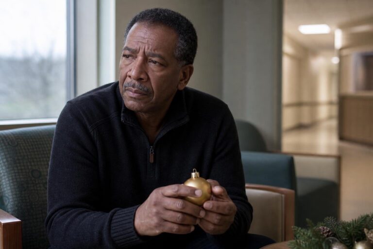 Concerned family member waits with a Christmas ornament during Etta James' hospital stay.