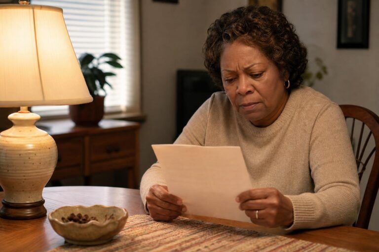 Older Black woman studies a paper with concern over Etta James hospitalization and serious infections.