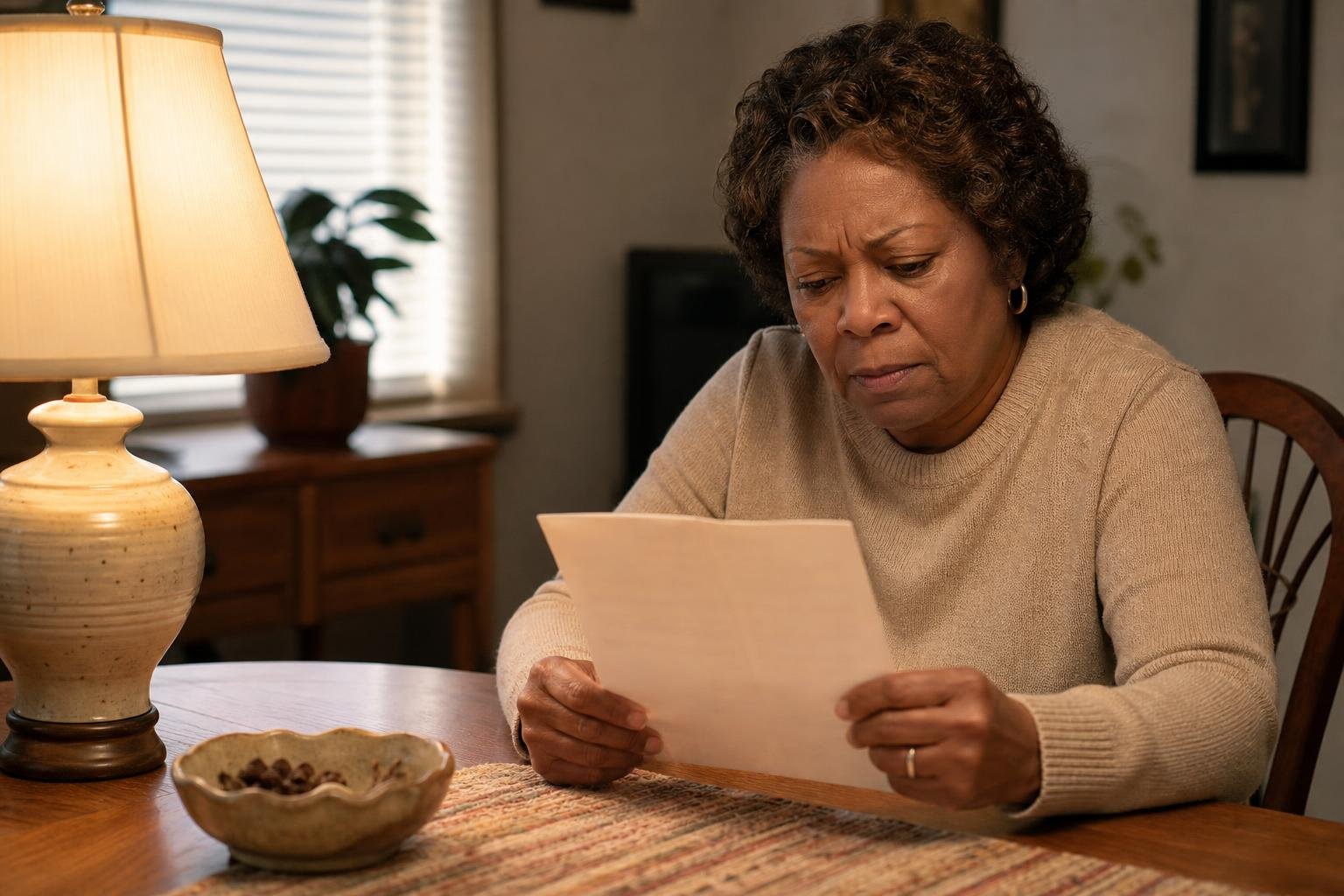 Older Black woman studies a paper with concern over Etta James hospitalization and serious infections.