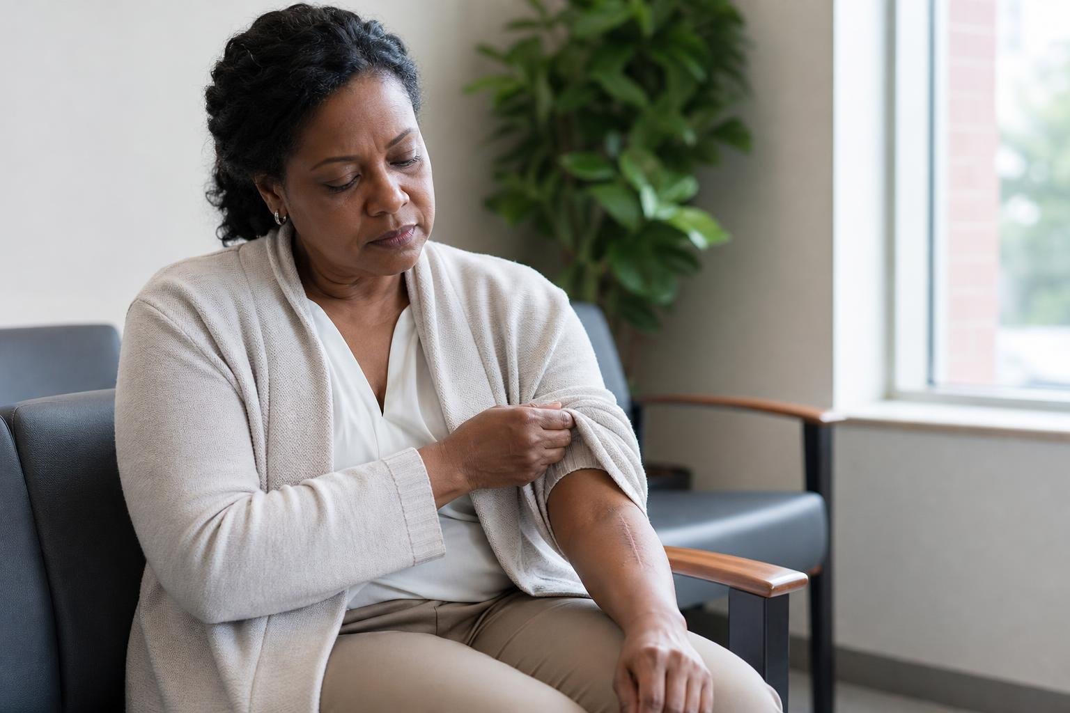Black woman in a clinic waiting area adjusting her sleeve over a healed scar, reflecting on excessive scarring.