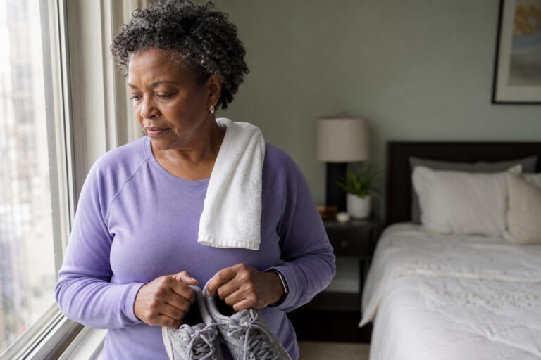 A concerned middle-aged woman pauses after indoor exercise near her bedroom window to support better sleep.