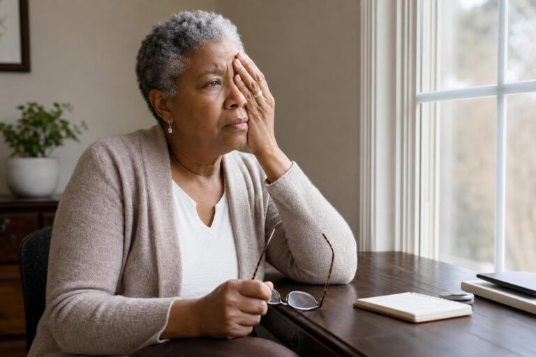 Black woman checking her vision by a window, concerned about eye problem warning signs.
