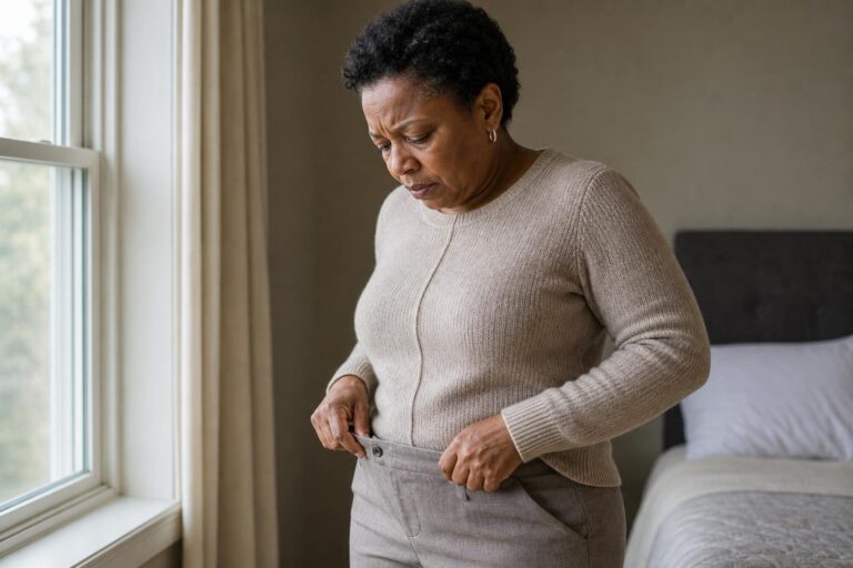 Concerned woman checks her trouser waistband while considering fall weight gain.