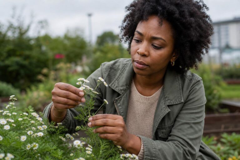 Black woman examining feverfew flowers and leaves in an outdoor herb garden.
