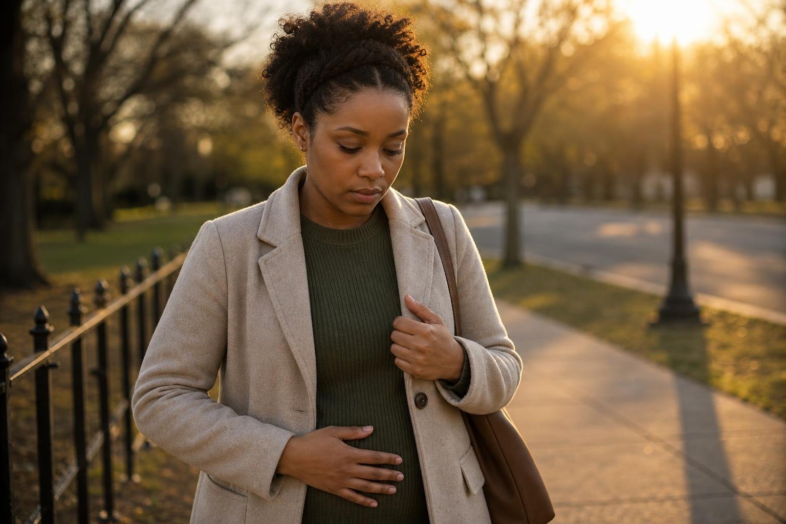 Black woman at a park edge considers options to avoid major uterine fibroid surgery.
