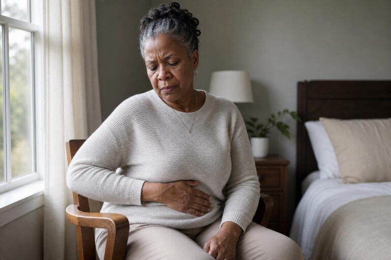 Black woman with fibroids sits worried by a bedroom window, holding her lower abdomen.
