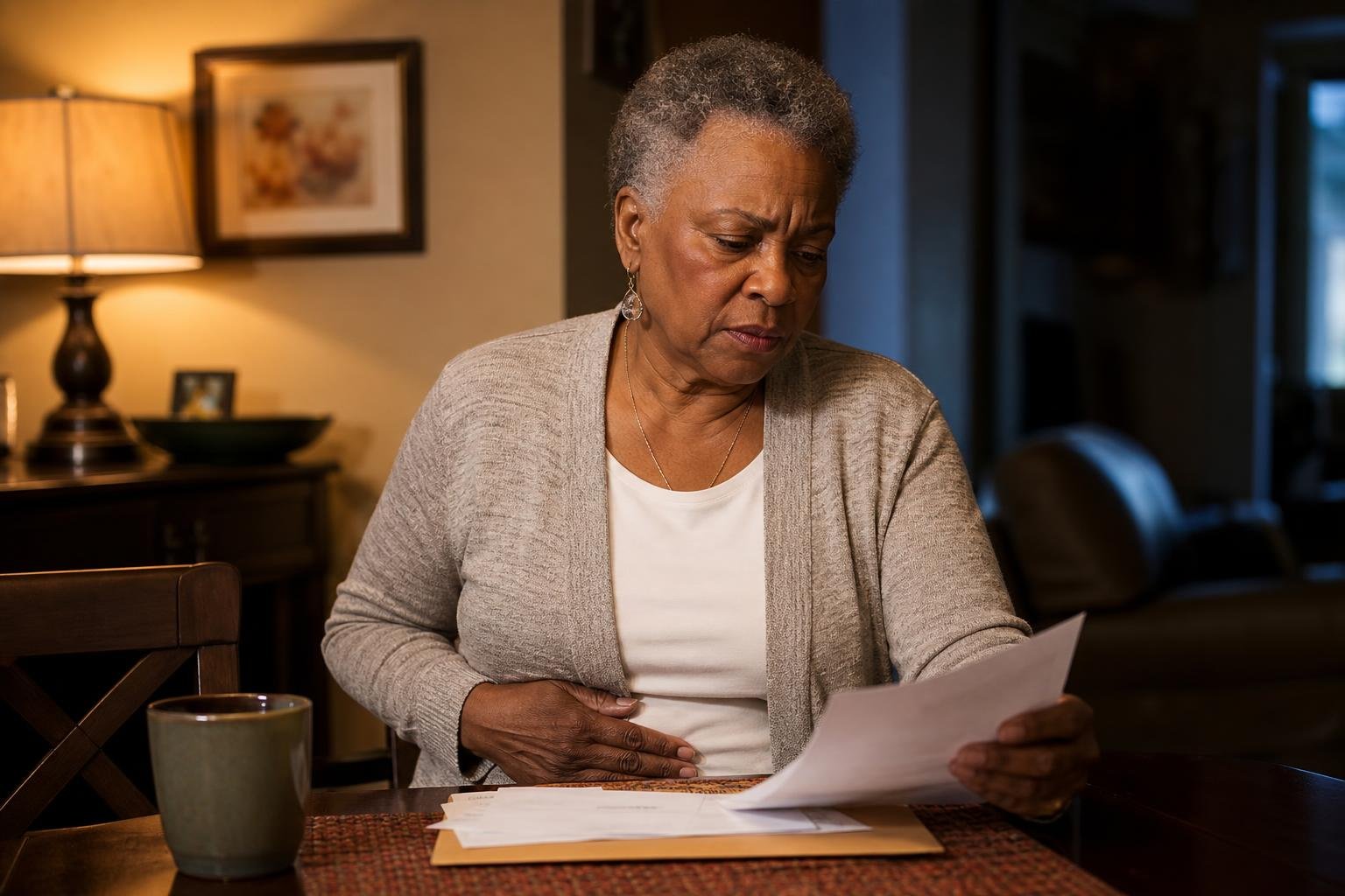 Older Black woman concerned about uterine fibroids while seated at a warmly lit table.