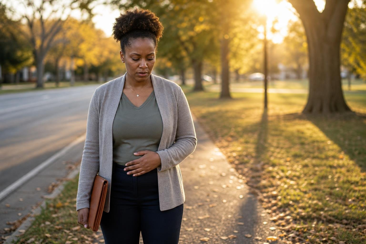 Woman pauses on a park-edge walk with concern about uterine fibroids.