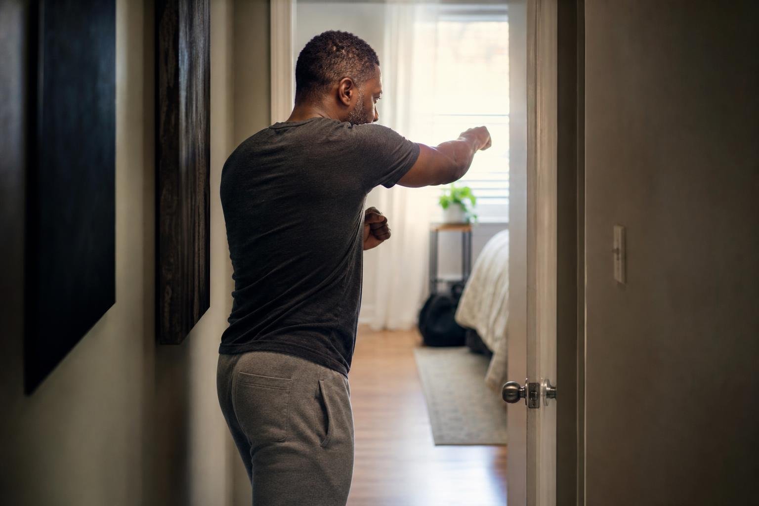 Black man shadowboxing in a sunlit hallway as part of a focused flab-burning workout.
