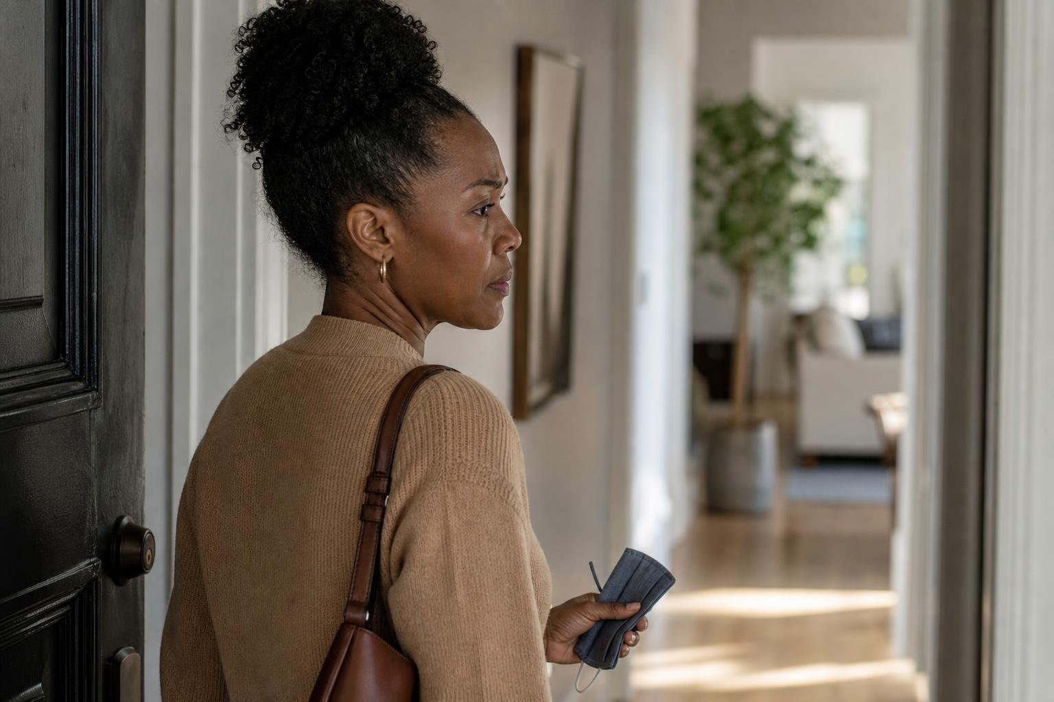 Woman pauses at an apartment doorway, concerned about flu risks in the hallway.
