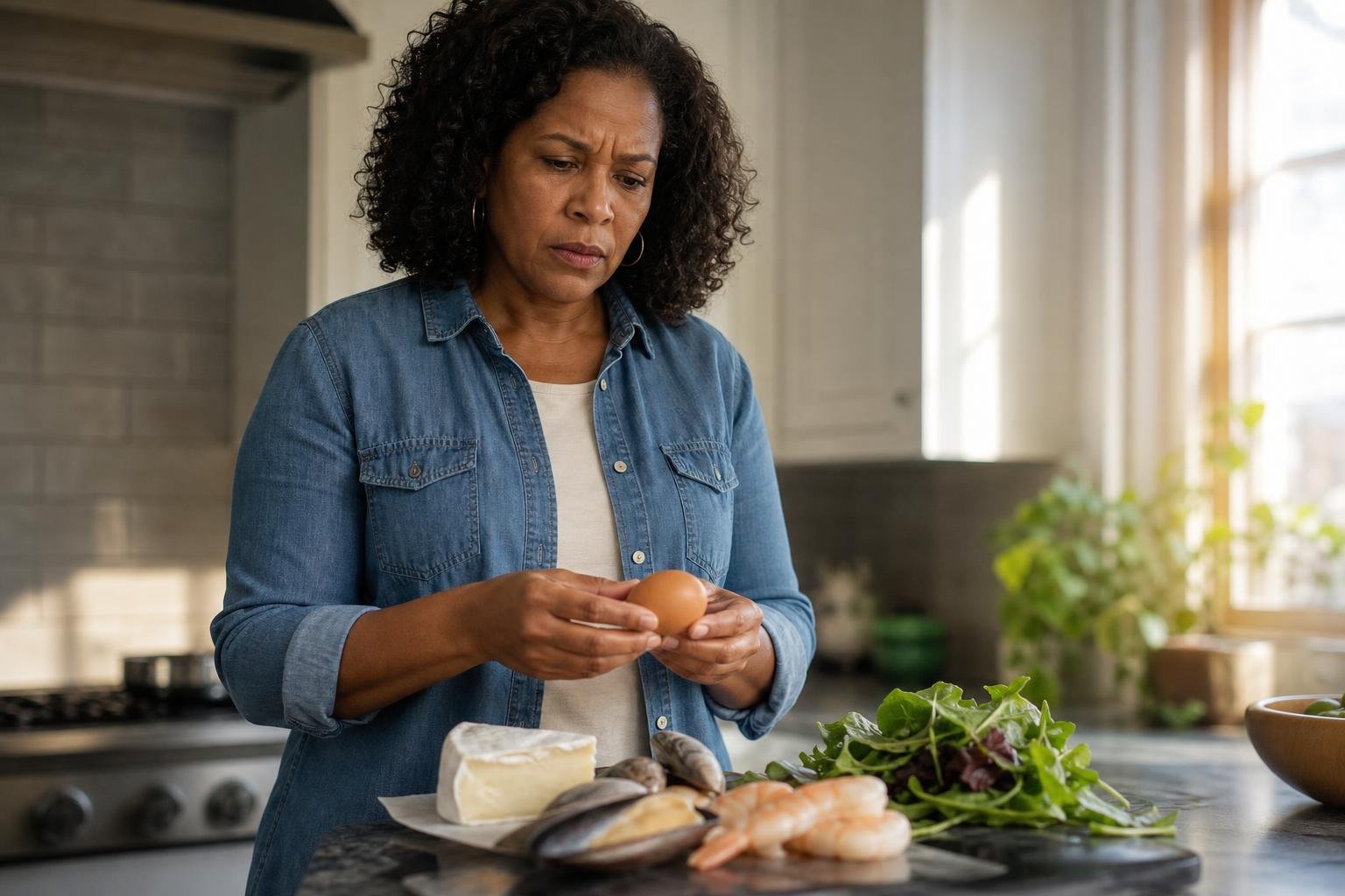Concerned woman examines an egg beside foods associated with food poisoning risks.