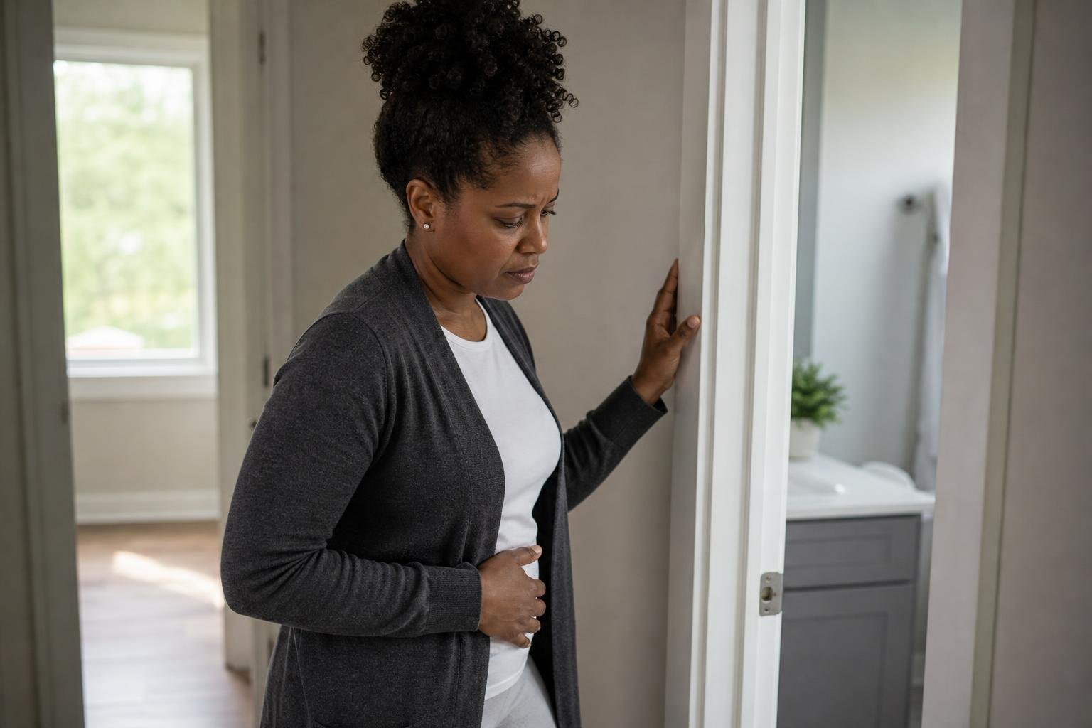 Woman pauses in a hallway with abdominal discomfort related to gastrointestinal disorders.