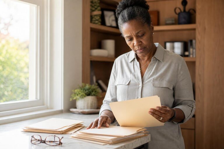Woman organizing health folders for a general health Q&A archive at her home counter.