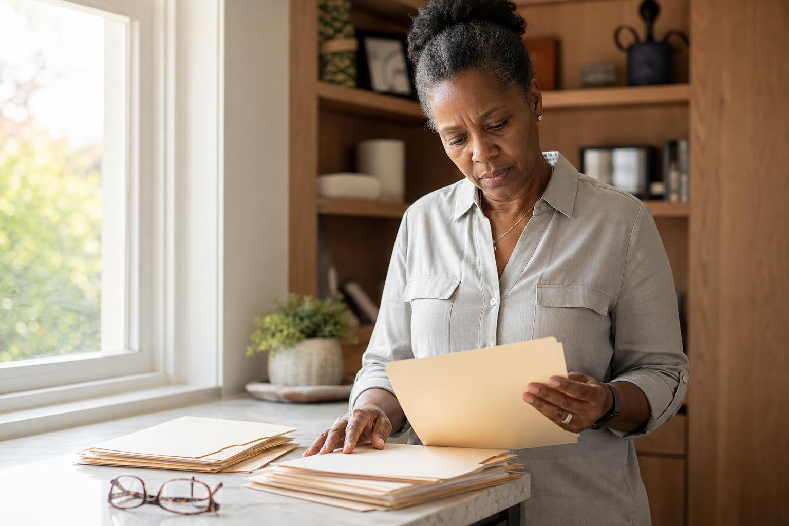 Woman organizing health folders for a general health Q&A archive at her home counter.