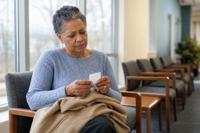 Black woman in a clinic waiting area considering questions about generic drugs.