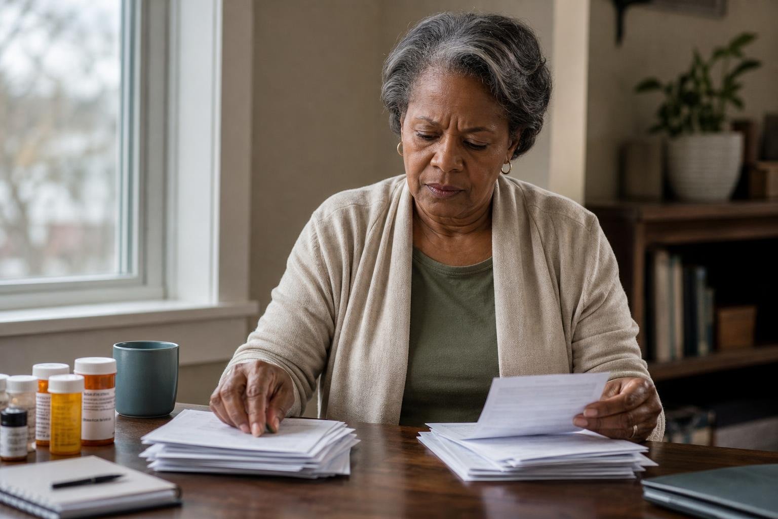 Older woman reviews pharmacy paperwork by a window while considering generic drugs.