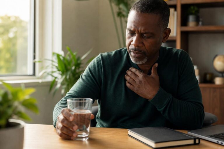 Man with GERD concern holds water at a desk while managing HIV medication.
